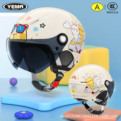 Kidsren's Helmet for Girls, All-Season – Motosiklet kaskı (dəbilqə) - four-seasons-khaki-white-airplane-dark-blue-short-mirror
