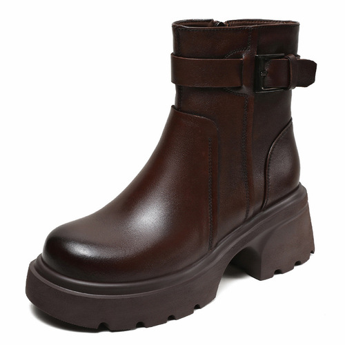 Women's Thick-Heeled Martens with Round Toe Chelsea Boots, Autumn/Winter New Arrival, British Style with Belt Buckle, Genuine Leather Motorcycles Short Boots