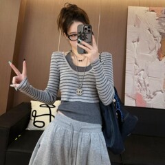 外搭短款长袖针织衫两件套2025新款早秋挂脖吊带内搭打底衫女上衣