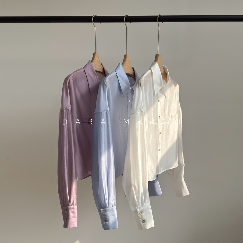 Lightweight Breathable Cool Lyocell Shirt Short Top Women's Spring and Summer Glossy Tencel Sunscreen Shirt Women's C53041