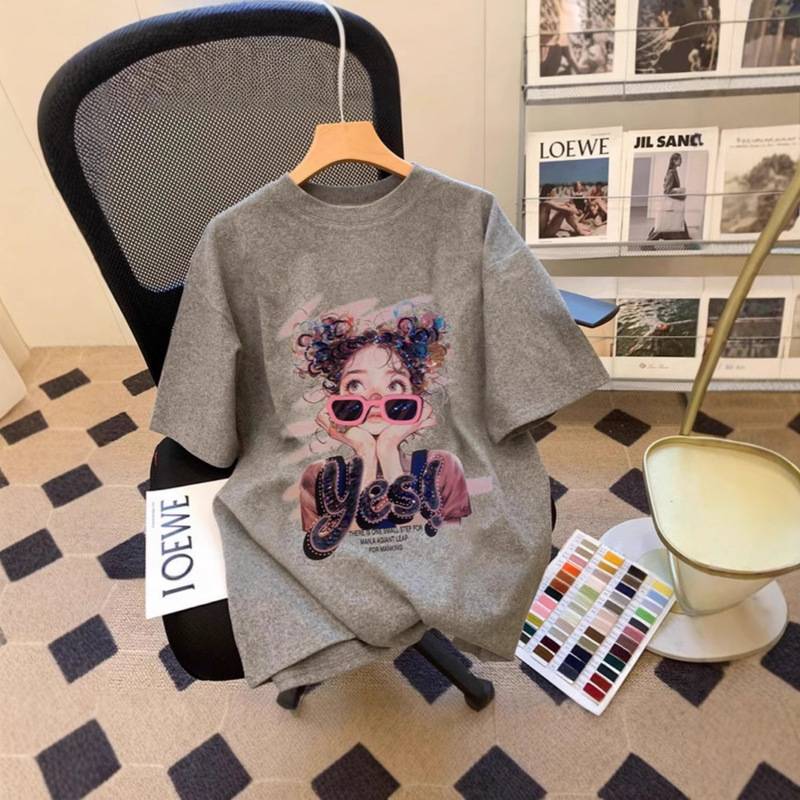 Grey Flavor Pure Cotton Fun Printed Short-sleeved T-shirt Women's Summer New High-end European Goods Large Edition Western Style T-shirt Top