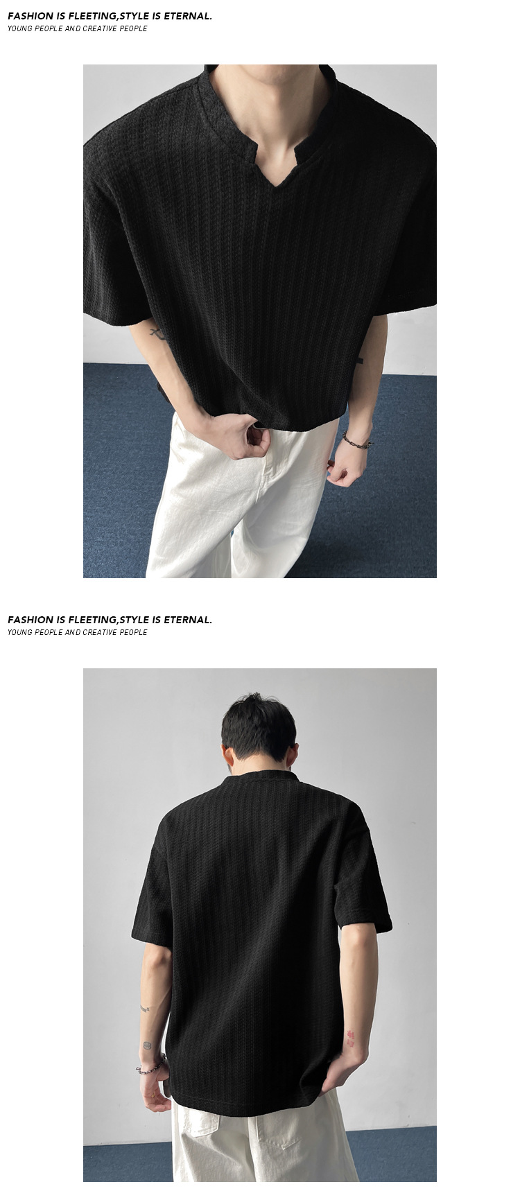 Herringbone Pattern V-neck T-shirt For Men Loose Fit Summer Style_voghion.com