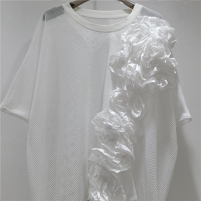 2026 primavera y verano hueco jacquard tridimensional de manga corta mujer delgada suelta alta sensación única camiseta de malla de moda image 4