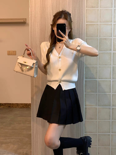 Summer New Ice Silk French Black Chanel Style Knitted Short Sleeve Open Cardigan Women's Top Slimming Waist V Neck T-Shirt Trendy