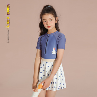 Children's Swimwear Girl's 2024 Hot Spring New Style Student Wholesale one-piece short sleeve girl's middle and big children's sports swimwear