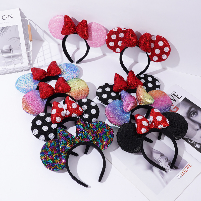 Cross-border new cartoon sequined bow headband stereo 3D polka dot bow amusement park dress up hair accessories wholesale