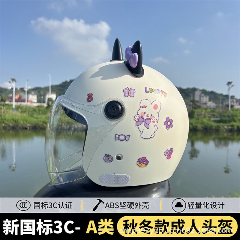 Lining Earmuffs Motorcycle Electric Vehicle – Diàndòngchē Motosiklet kaskı (dəbilqə) - q3c-beige-flower-cat-white-long-mirror-black-purple-cat-ears-new-national-standard-class-a-adult-winter-helmet-with-gemstone-stickers