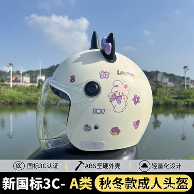 Windproof Thickeneded Lining Ear Protection – Motosiklet kaskı (dəbilqə) - q3c-off-white-flower-cat-white-long-mirror-black-and-purple-cat-ears-new-national-standard-category-a-adult-winter-helmet-free-gem-sticker