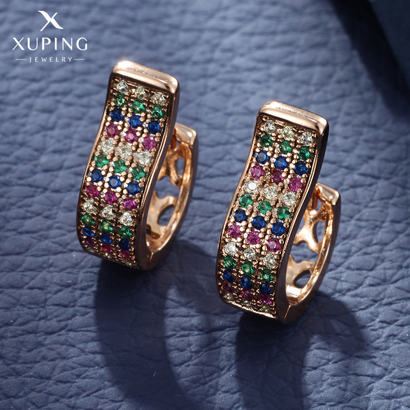 Pendientes de Aro Xuping Jewelry de Aleación de Cobre con Incrustaciones de Gemas Artificiales Coloridas, Pendientes de Diamantes Completos a la Moda Europea y Americana