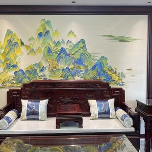 Embroidered Seamless Wall Cloth with Landscape Embroidery "Thousand Miles of Rivers and Mountains" for Living Room Tv Sofa Background Wall, New Chinese Style
