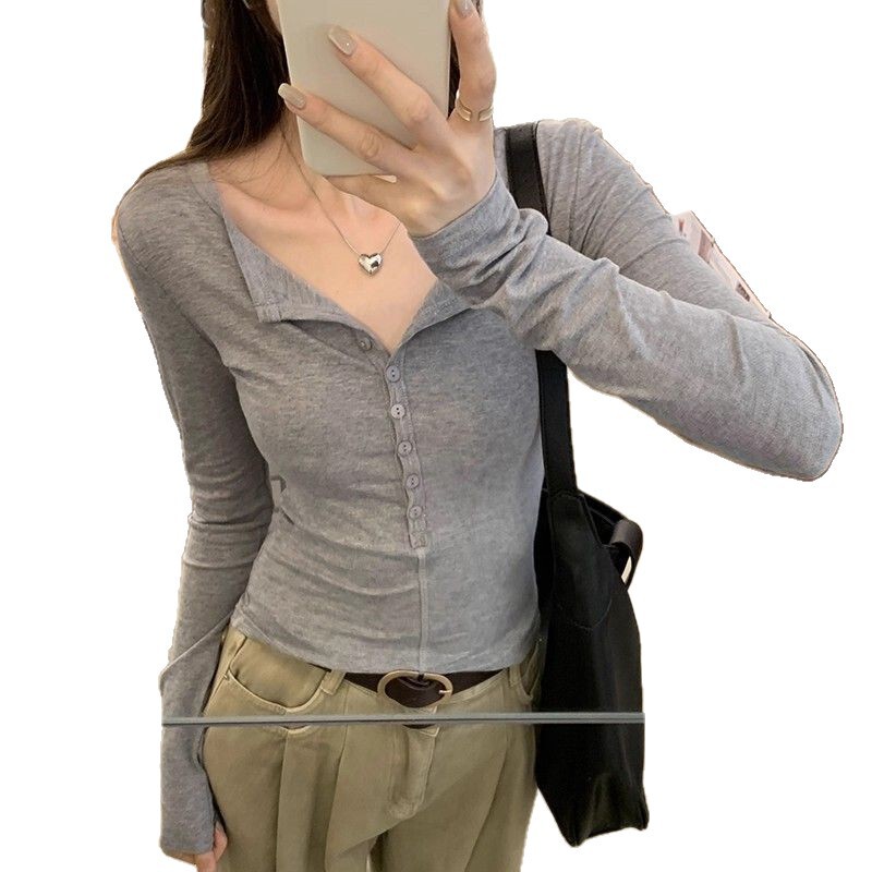 莫代尔长袖t恤女春秋新款辣妹设计感洋气修身显瘦内搭打底衫上衣|undefined