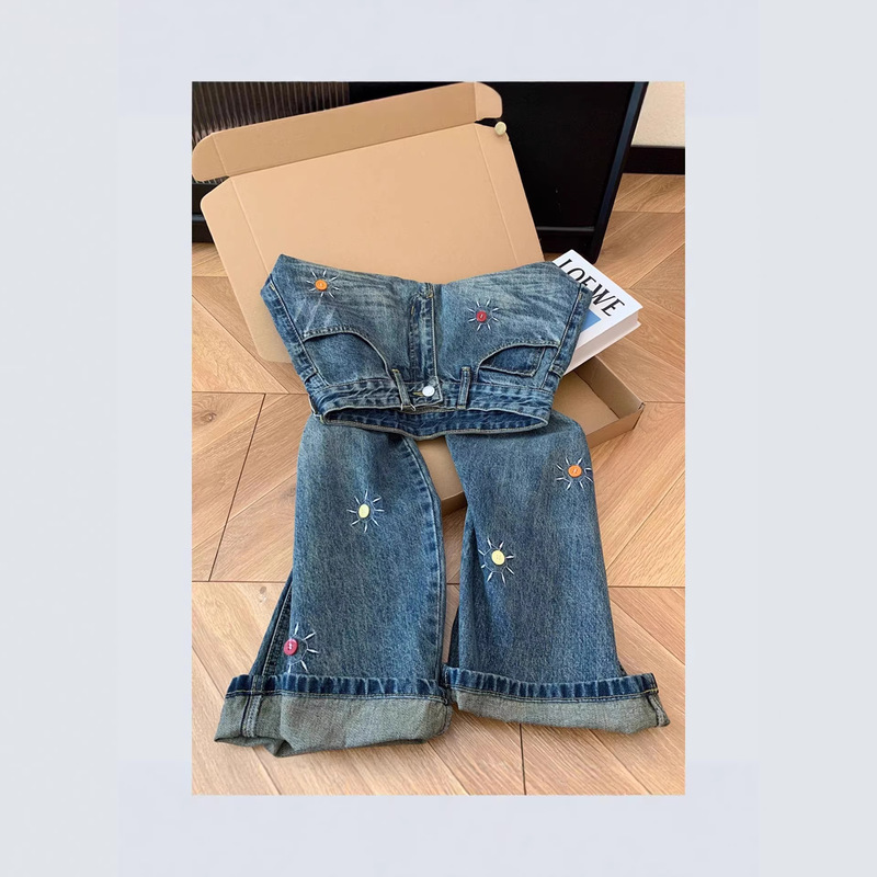 Embroidered Sun Pattern Blue Buttoned Embroidered Straight Wide-Leg Loose Jeans for Women, Thin Design Long Pants Embroidered Sun Pattern Blue Buttoned Embroidered Straight Wide-Leg Loose Jeans for Women, Thin Design Long Pants
