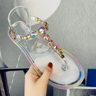 Transparent PVC Beach Sandals with Rhinestone Chain, Women’s Summer Flip-Flops, Sizes 36–42
