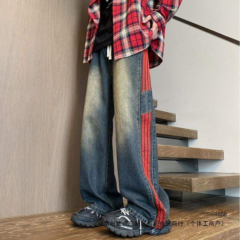 American retro three-stripe rope jeans for men, trendy high street straight pants, washed loose wide-leg trousers American retro three-stripe rope jeans for men, trendy high street straight pants, washed loose wide-leg trousers