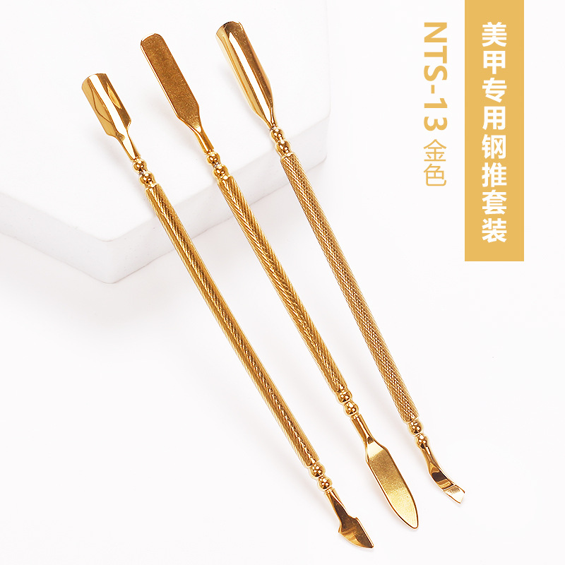 Herramientas de uñas transfronterizas empuje de acero inoxidable traje de 3 piezas de doble cabeza tamaño pequeño empuje de acero grande removedor de esmalte de uñas pegamento empuje de piel muerta