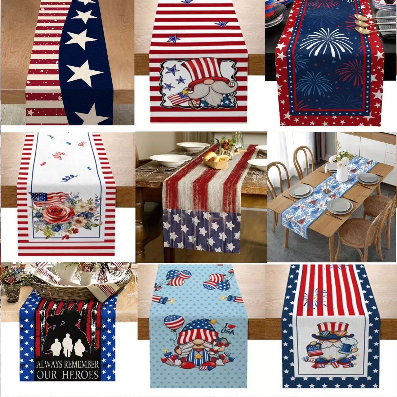 7.14 Día de la Independencia de los Estados Unidos bandera de mesa mesa de té decoración de mesa de aislamiento térmico lino impresa mesa decoración de tela