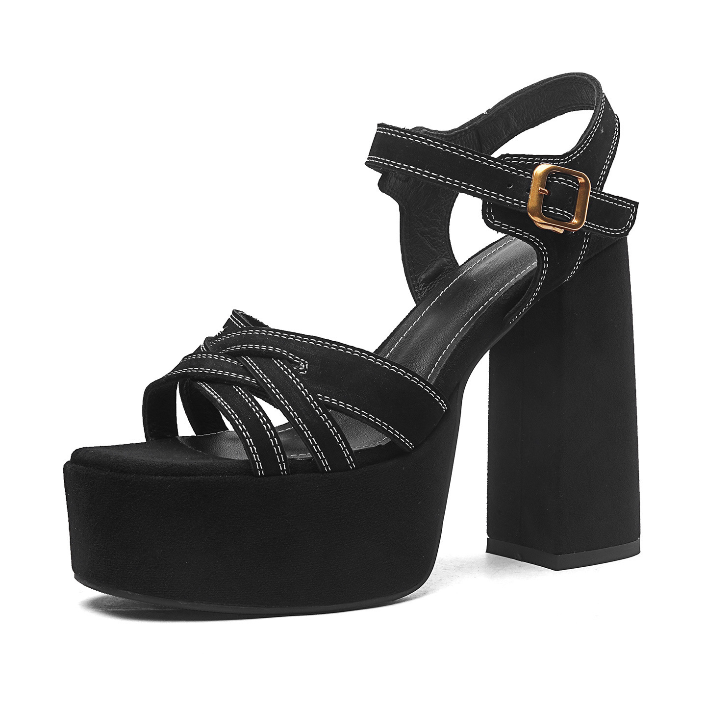 Sandal cao gót nữ hở mũi quai ngang một chữ, gót thô đế dày 12.5 cm — Da bò trắng gạo