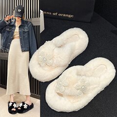 韓版可愛毛毛拖鞋女珍珠花朵時髦可愛甜美毛絨防滑室內居家棉拖鞋