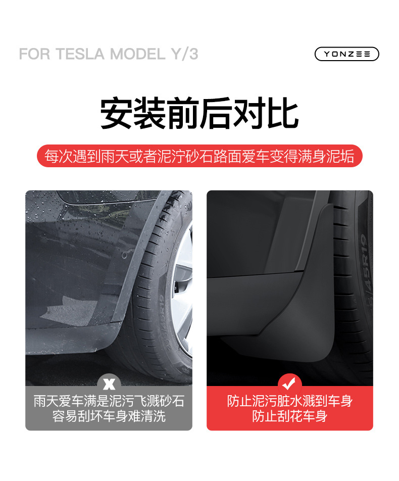 Suitable for the New Version of Tesla Model Y/3/Yl, No-Drill Mudguards, Front and Rear Wheel Splash Guards, Sand-Blocking Accessories