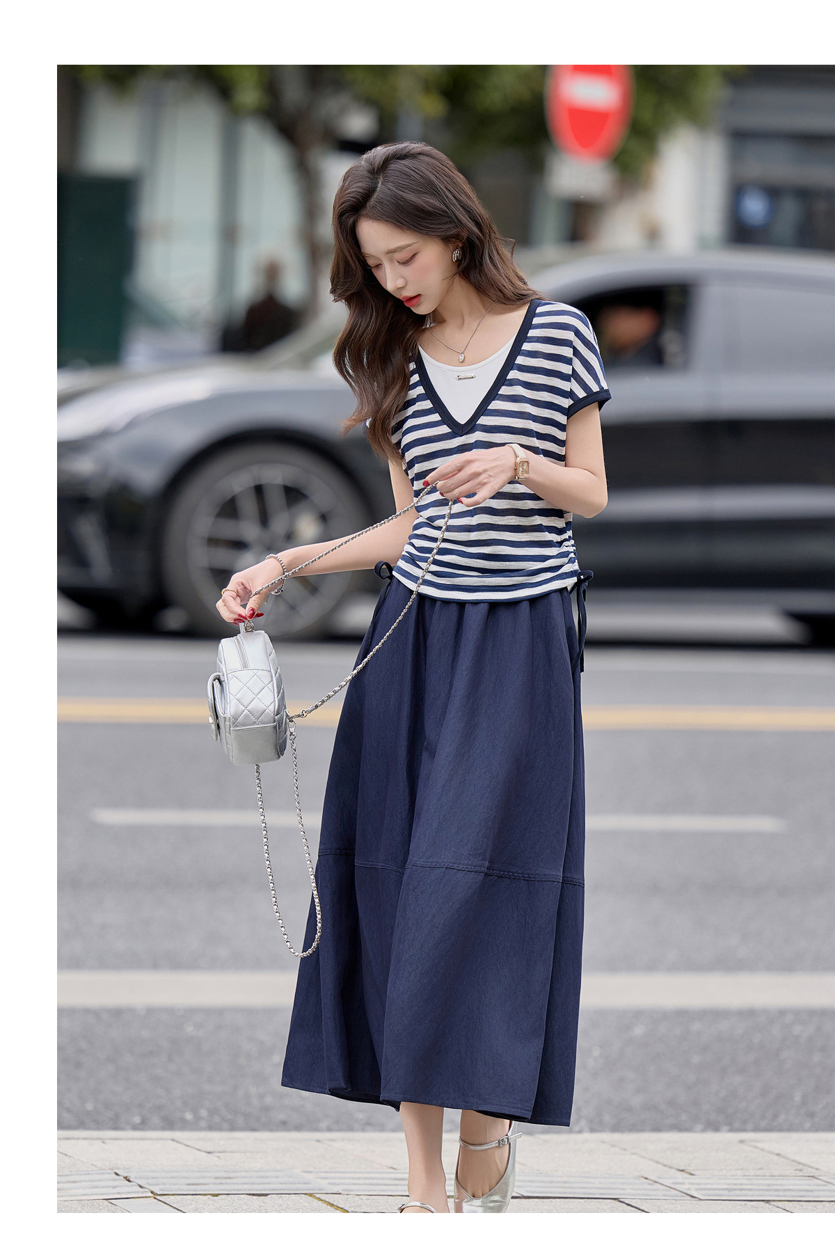 Bộ váy hai mảnh tay ngắn sọc kẻ kết hợp chân váy denim mùa hè 2026 — Màu ảnh chi tiết 14