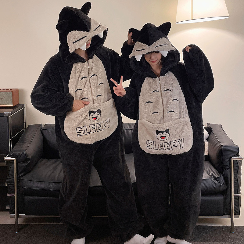 ワンピースのカップルのパジャマの女性の珊瑚の絨毯は厚いです。秋冬の男性のファスナーのフランネルの家の服は一体になります。|undefined