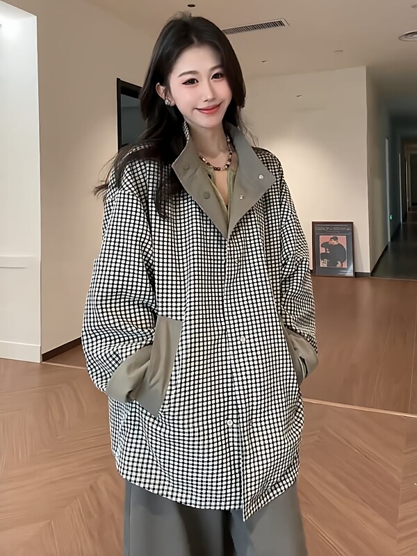 法式欧货立领双面穿格子拼接风衣外套女秋冬季宽松高级感休闲大衣|undefined
