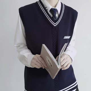 春秋季DK制服学院风背心马甲男ins潮牌宽松外穿V领针织衫无袖毛衣