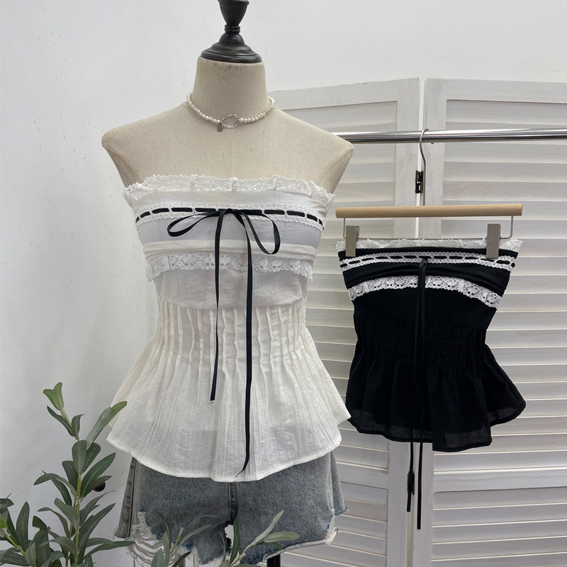 Real Shot of Sleeveless Off-Shoulder Strappy Tube Top with Chest Pads, Lace Trim, and Ruched Slim-Fit Top 9325 Real Shot of Sleeveless Off-Shoulder Strappy Tube Top with Chest Pads, Lace Trim, and Ruched Slim-Fit Top 9325
