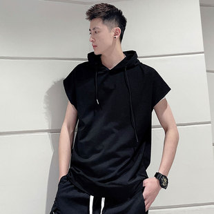 Hooded T-shirt Men's Trendy Brand Solid Color Casual Trendy Ins Waistband Sleeveless Sweater Summer Sports Hooded Vest Trendy