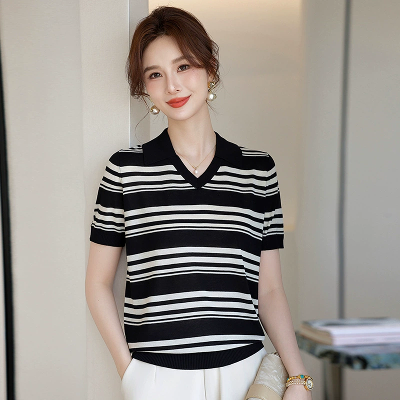 Молодая мама летняя новая полосатая трикотажная рубашка с короткими рукавами