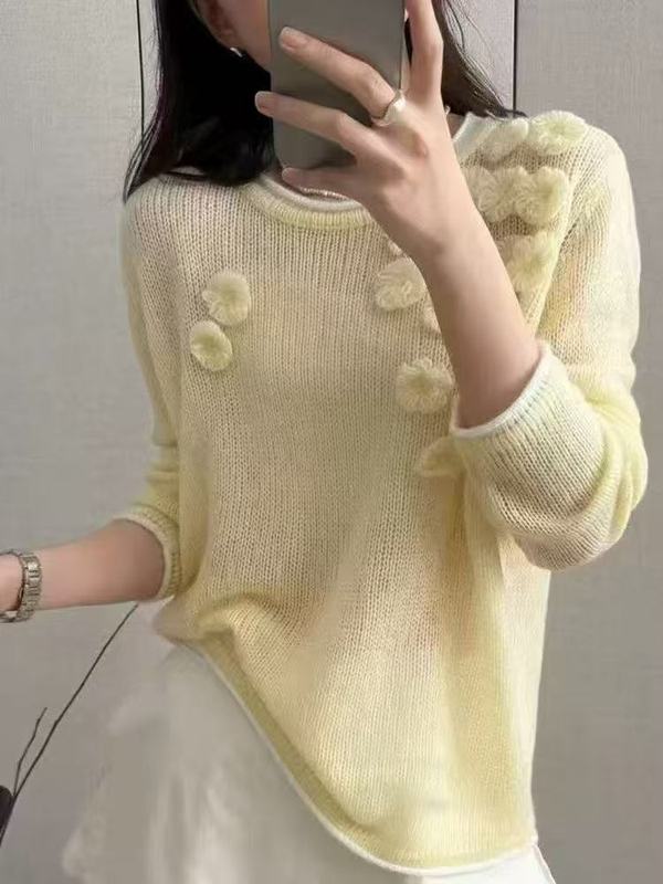 丝羊绒针织衫女圆领2025秋季新款时尚手工勾花洋气减龄宽松毛衣女|undefined