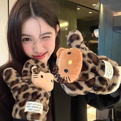 豹纹凯特猫手套围巾新款冬季防风加厚保暖围脖毛绒挂脖全指手套女