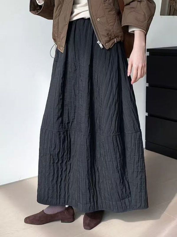 秋冬新款暗线条纹南瓜裙2025纯色日系文艺风松紧腰显瘦长裙伞裙|undefined