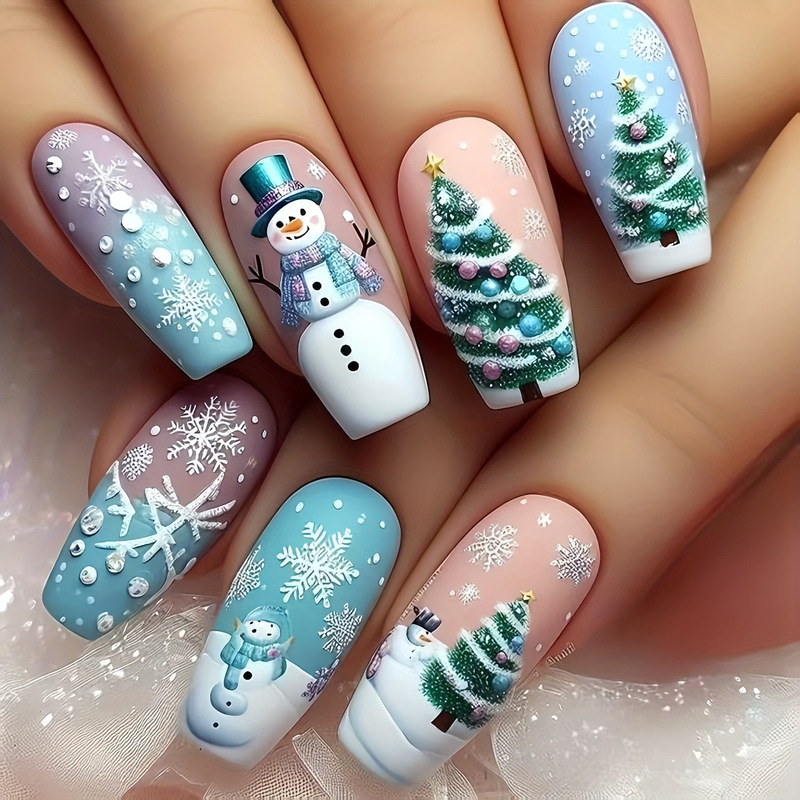 European and American Popular Snowflake Christmas Tree Manicure, Cute Little Snowman Blue Wearable Nails, 24 Pieces of Finished Nail Patches
