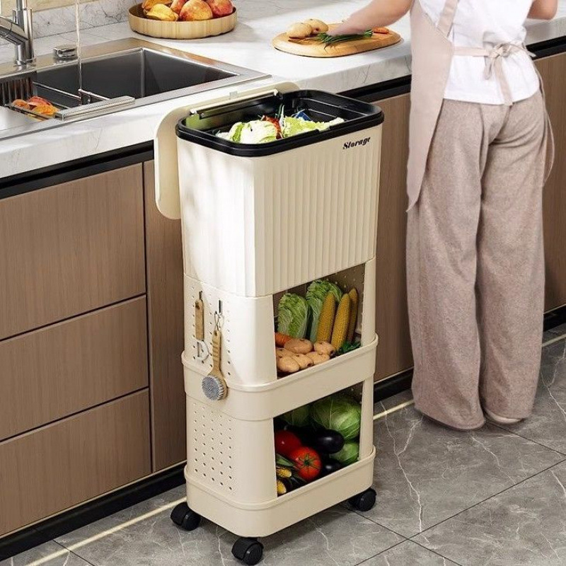 Kitchen Trash Can with Lid, Multi-Layer Floor-Standing Roller, Removable Household Bathroom Multi-Functional Storage Rack Storage Bucket