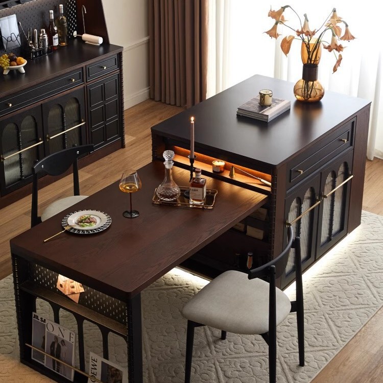 French Solid Wood Island Table for Home Small Apartment Dining Table Integrated Slate Storage Table Restaurant Retro Retractable Bar Table