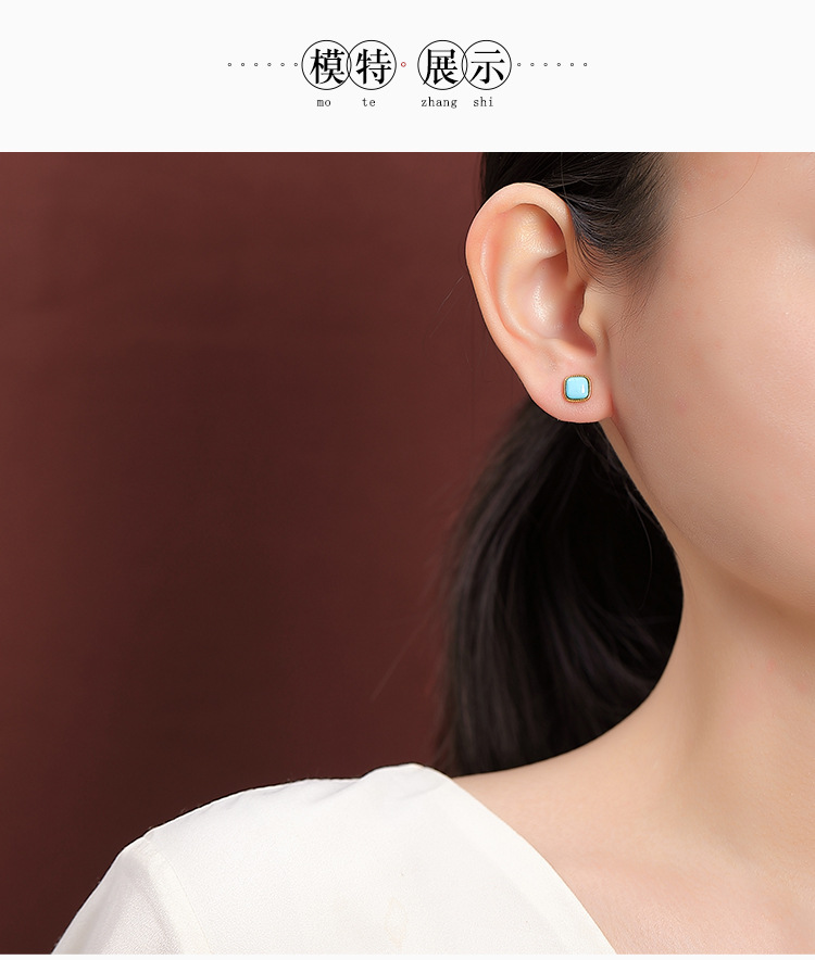 Bông tai bạc S925 mạ vàng đính ngọc lam hình học retro — Mẫu bạc chi tiết 8
