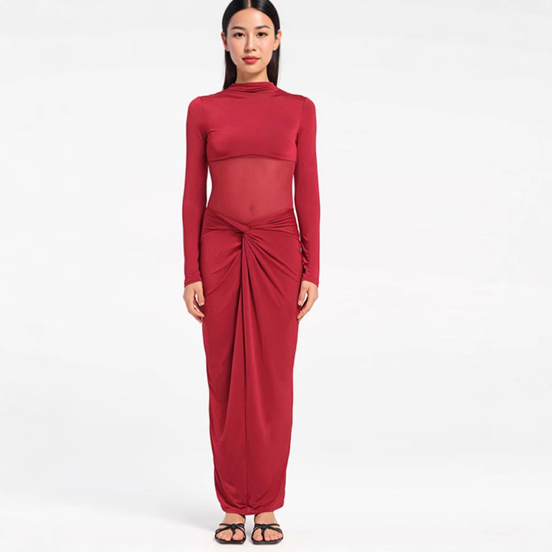 European and American Cross-Border Fashion Elegant Sexy Hot Girl Lv Women's Slim Fit Hip Pleated Long-Sleeved Long Skirt Lv Dress