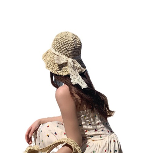 Bowknot Lace Fringe Straw Hat Women's Beach Resort Hollowed Out Wide Brim Sunscreen Sunshade Fisherman's Cap Bucket Hat 