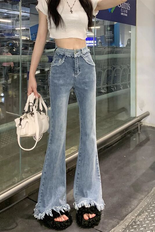 大码胖mm高腰牛仔裤女春秋修身显瘦设计感小个子复古微喇叭阔腿裤|undefined