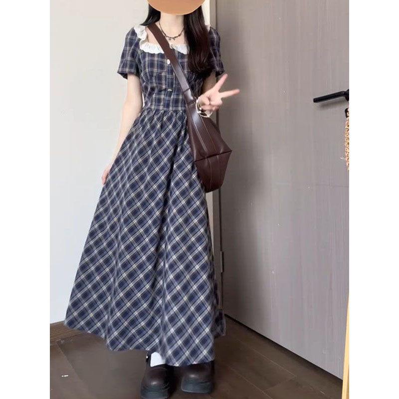 甘くて爽やかなスーパーフェアリーブルーのチェック柄ドレス、ウエストを絞った夏の初恋の優しいスタイル、スリムなAラインスカート|undefined