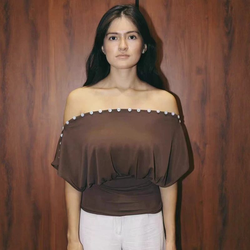 2026 European and American Cross-Border Spring/Summer New Style American-Style Spicy Girl Button-Decorated Versatile Off-Shoulder Asymmetrical Neck T-Shirt Top