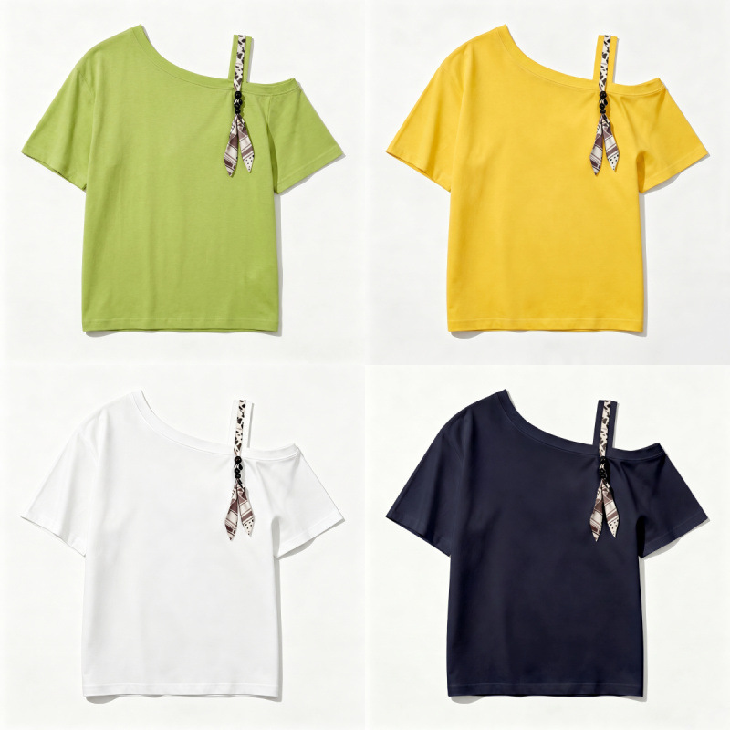 Asymmetrical Neckline Off-Shoulder Short-Sleeve T-Shirt for Women, Summer 2026, Plus Size, Slimming Design with Silk Scarf Tie Asymmetrical Neckline Off-Shoulder Short-Sleeve T-Shirt for Women, Summer 2026, Plus Size, Slimming Design with Silk Scarf Tie