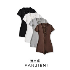 ZR外国貿易卸売り欧米風女装ファッション純欲風深vネック半袖ストラップデザインギャル連体パンツ