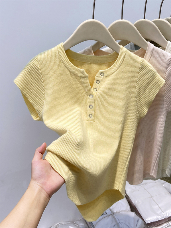 Vネックセーター半袖Tシャツレディース2025夏新デザインスリムフィットショート万能ボトムストップ|undefined