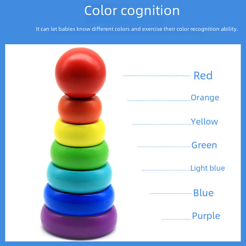 Manufacturer direct sale small wooden seven-layer rainbow tower stacking game baby infant ring stacking building blocks early education educational toy