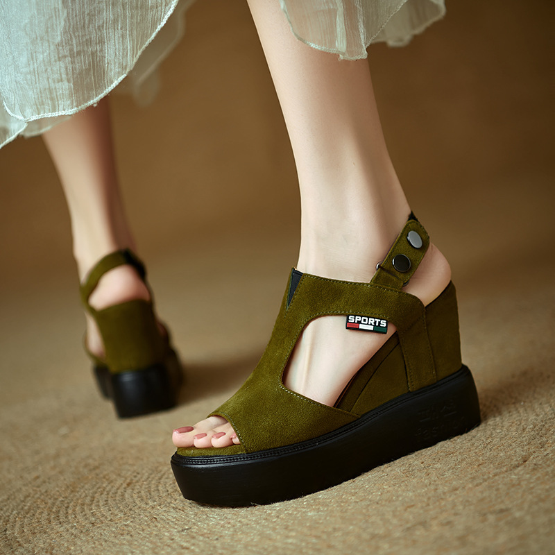 Sandal cao gót nữ hở mũi đế xuồng tăng chiều cao, phong cách La Mã, gót 9 cm — màu đen, xanh lá cây