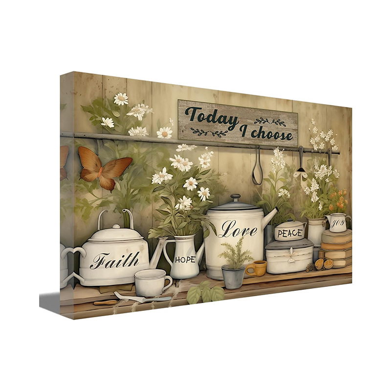 Kitchen Wall Decor Country Style Kitchenware Floral Prints Vintage Tableware Canvas Painting Restaurant Wall Decoration