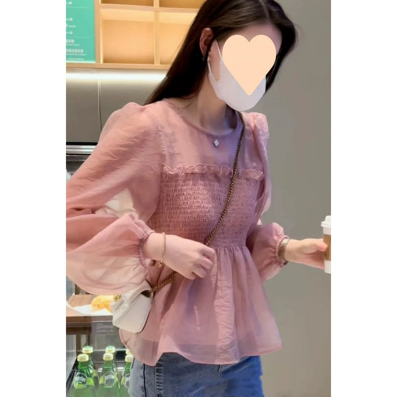 Шифоновая рубашка с круглым вырезом и пышными рукавами для женщин, лето 2025, новый стиль, с рюшами, для похудения, универсальный модный топ, закрывающий живот