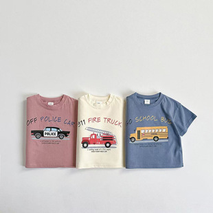 Summer Children's Cotton Short-sleeved T-shirt New Children's Baby Crewneck Car Printed Half-sleeved Top Class A Cotton T